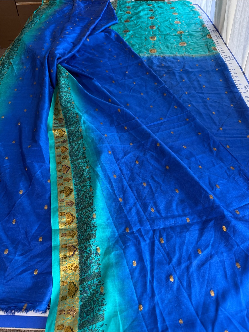 Vintage Indian Blue Green Art Silk Sari Gold Brocade Border Buti Paisley Saree